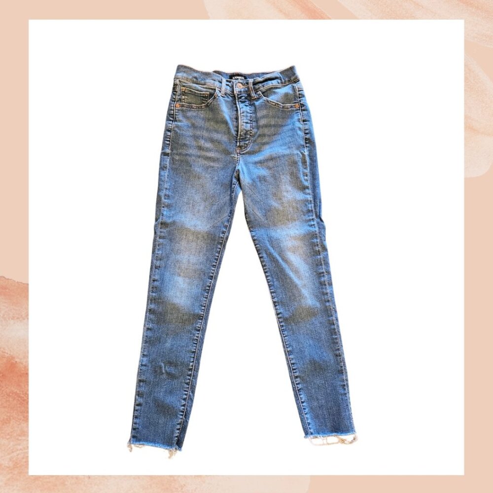 Express Medium Wash Raw Hem Cropped Skinny Jeans